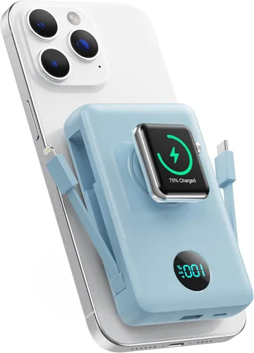 Miniatura 38 de Cargador portátil magnético de 10800 mAh para iPhone con cables integrados, cargador de batería inalámbrico 6 en 1 con cargador iWatch, pantalla LCD