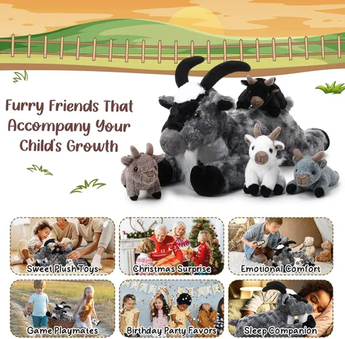 Miniatura 6 de HyDren Juego de 5 piezas de peluche de cabra de 18 pulgadas, peluche de cabra con 4 peluches de bebés en su barriga, almohada de felpa suave de Gris