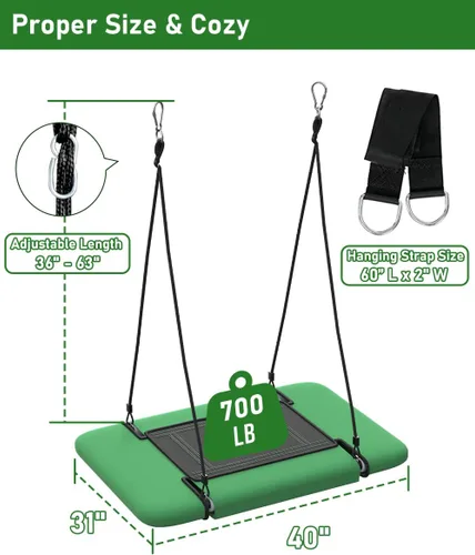 Miniatura 3 de Columpio de árbol rectangular de 40 pulgadas para niños y adultos, columpio de plataforma ajustable con correas para colgar, capacidad de 700