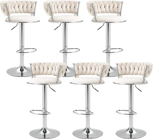 Miniatura 12 de Juego de 2 taburetes de bar giratorios de terciopelo, modernos taburetes de bar ajustables con respaldo tejido, taburete de bar de altura