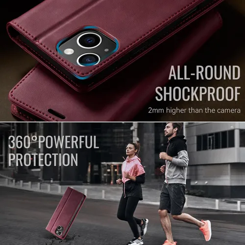 Miniatura 7 de Funda tipo cartera para iPhone 13 de piel tipo cartera con tarjetero y función atril, cierre magnético, bloqueo RFID, TPU a prueba de golpes, Rojo
