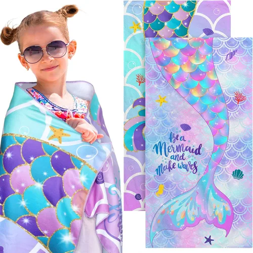 Yahenda Paquete de 2 toallas de playa de sirena para niños, secado rápido, playa, piscina, baño, toalla para viajes, ducha, natación, campamento, 28