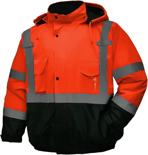 Miniatura 12 de Chaqueta de seguridad para hombre, chaqueta reflectante con capucha de alta visibilidad, chaqueta bomber de alta visibilidad con bolsillos y Lima
