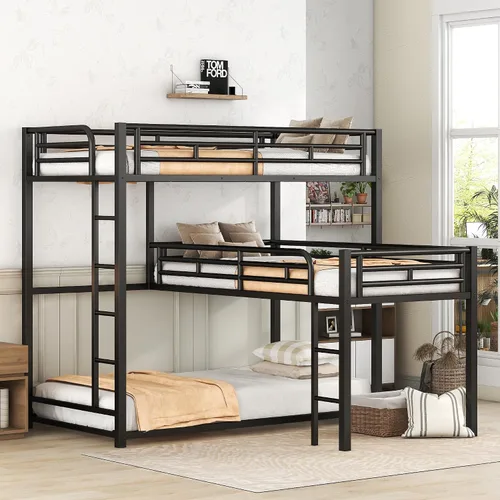 Miniatura 8 de EMKK Literas de metal tamaño individual con escalera y barandilla de longitud completa, marco de cama de metal negro, no necesita somier, firme