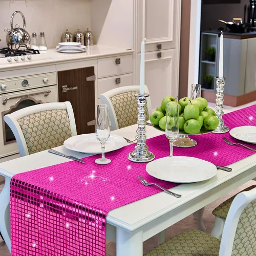 Miniatura 7 de Durony Paquete de 2 caminos de mesa disco de 11 x 108 pulgadas, espejo rosa intenso con laminado de purpurina y lentejuelas brillantes