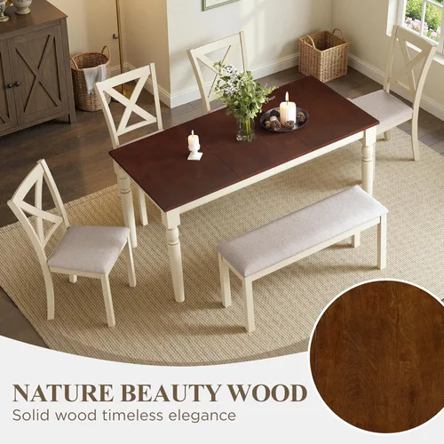 Miniatura 3 de LUXOAK Juego de mesa de comedor de madera maciza de 60 pulgadas para 6, mesa de cocina de granja con 4 sillas tapizadas y banco, 6 piezas de muebles