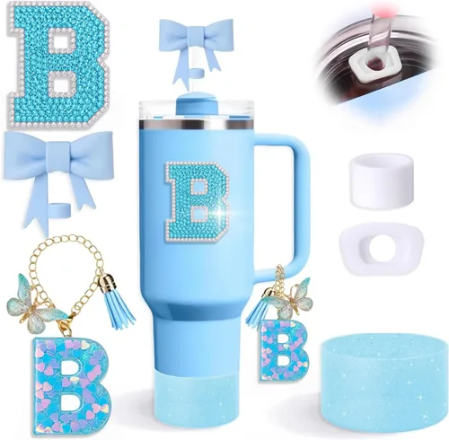 Miniatura 8 de Juego de 6 accesorios de copa Stanley color azul, adorno de pajilla con lazo para copa Stanley de 30 onzas, 40 onzas, incluye adorno de popote