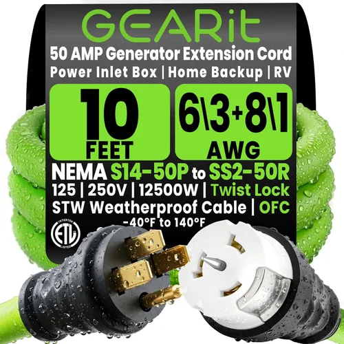GEARit - Cable generador de 50 amperios de 10 pies, NEMA 14-50P a SS2-50R bloqueo giratorio, cable de extensión de generador de 50 amperios 6/3+8/1