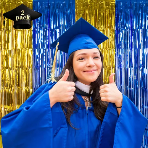 Miniatura 2 de LOLStar Paquete de 2 decoraciones de fiesta de graduación azul y dorado 2025, cortinas de flecos de aluminio de 3.3 x 6.6 pies, telón de fondo