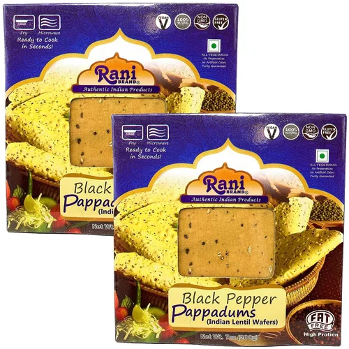 Rani Pappadums (aperitivo de oblea de lentejas indias) Papad de pimienta negra, 7 onzas (7.05 oz) aproximadamente 15 unidades, 7 pulgadas, paquete