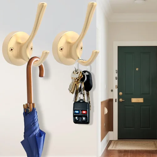 Miniatura 2 de TOFIIGREM Ganchos dorados para pared, paquete de 3 ganchos para toallas, de metal resistente, doble gancho para bata de baño, ganchos
