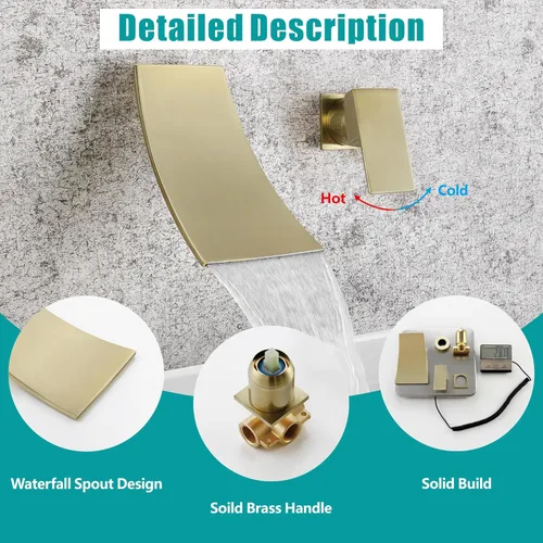 Miniatura 8 de SKOWLL Grifo de fregadero de baño de montaje en pared de una sola manija, juego de grifo moderno de cascada de oro cepillado, boquilla de cascada