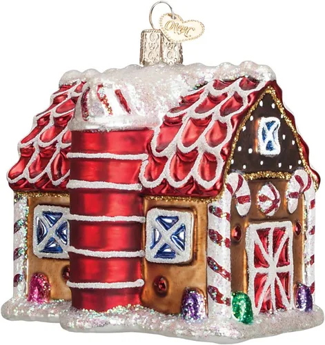 Old World Christmas Adorno de Granero de Pan de Jengibre Soplado en Vidrio para Árbol de Navidad, Decoración Navideña Artesanal, Colección de Pan de