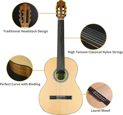 Miniatura 4 de TARIO Guitarra clásica sin trastes de 39 pulgadas Guitarra acústica tamaño completo Tapa de abeto Ovangkol espalda y lados Okoume diapasón de laurel