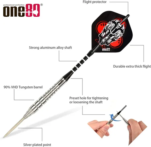 Miniatura 2 de ONE80 - Dardo de punta de acero profesional de tungsteno 90% VHD, estilo barril con vuelos extra, ejes y sacapuntas, caja de regalo con empaque