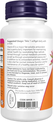 Miniatura 3 de NOW Suplementos, Vitamina E-400 UI Tocoferoles Mixtos, Protección Antioxidante*, 100 Cápsulas Blandas