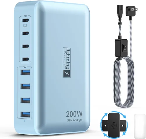 Miniatura 8 de Bloque de carga rápida USB C de 200 W, estación de carga de 8 puertos para iPhone/iPad/MacBook, caja de cargador 4C4A GaN, cargadores múltiples