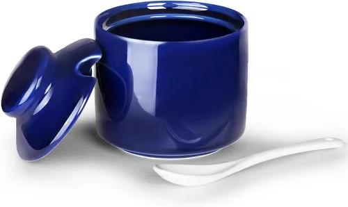Azucarero de 8 onzas con tapa y cuchara, frasco de azúcar de cerámica, dispensador de azúcar, contenedor de azúcar, accesorios para cafetería, marino