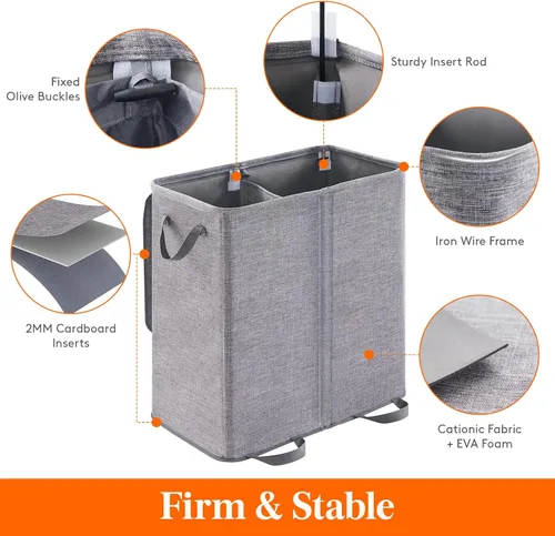 Miniatura 2 de Lifewit - Cesta de lavandería doble con tapa y bolsas de lavar extraíbles, cesta grande plegable con 2 divisores para ropa sucia, con asas para Gris