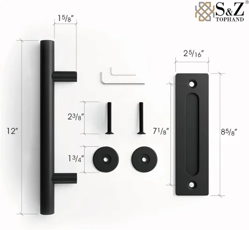 Miniatura 2 de S&Z TOPHAND® Manijas correderas de granero de 12 pulgadas, herrajes negros, juego de acabado con recubrimiento en polvo negro, forma redonda, se