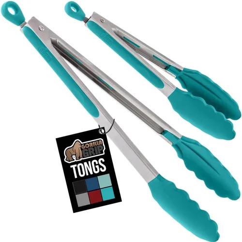 GORILLA GRIP Pinzas de cocina de acero inoxidable resistentes al calor para cocinar, 9 + 12 pulgadas, juego de 2 pinzas para barbacoa, punta de