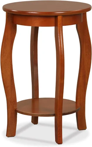 Miniatura 12 de Giantex Mesa auxiliar redonda, mesa auxiliar de madera con estante de almacenamiento, mesita de noche pequeña con patas de madera maciza, mesa Nogal