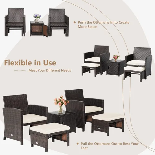 Miniatura 5 de COSTWAY Juego de 5 muebles de ratán para patio, sillas de sofá acolchadas con otomanas y mesa auxiliar, juegos de conversación de mimbre al aire