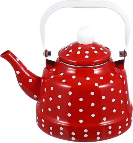 Estufa de té esmaltada vintage de 1.8 cuartos de galón, tetera esmaltada con manchas rojas y blancas, esmalte en acero y café con asa, hervidor de