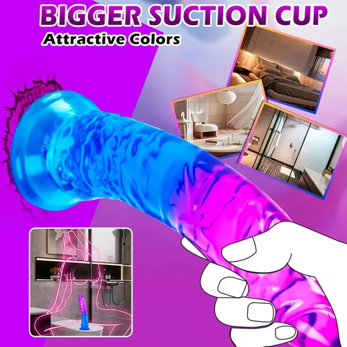 Miniatura 6 de Juguetes sexuales suaves y realistas de 9.4 pulgadas con ventosa para jugar con manos libres, pene grueso azul-morado adecuado para Violeta-Azul