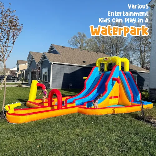 Miniatura 4 de Mega parque inflable de toboganes de agua, gran casa de rebote para niños de 5 a 12 años, tobogán acuático con pared de escalada, dos toboganes