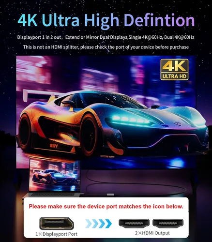 Miniatura 3 de Adaptador DisplayPort a HDMI dual [4K @60Hz] Divisor DP a HDMI, pantalla extendida de 1 en 2 salidas, convertidor de fuente macho DP para monitores