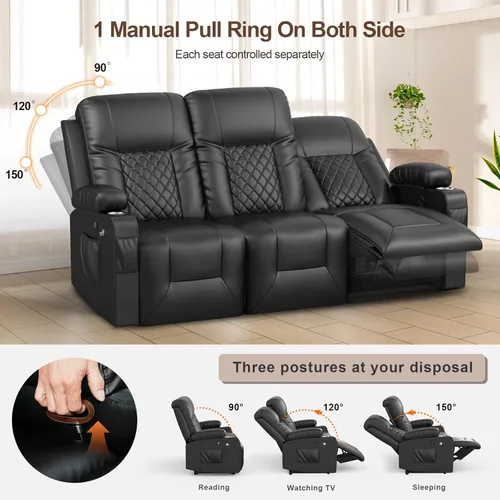 Miniatura 4 de FURNIMAT Sofá reclinable, sofá reclinable doble de 3 asientos, sofá biplaza de piel sintética, moderna silla reclinable para sala de estar, con Negro