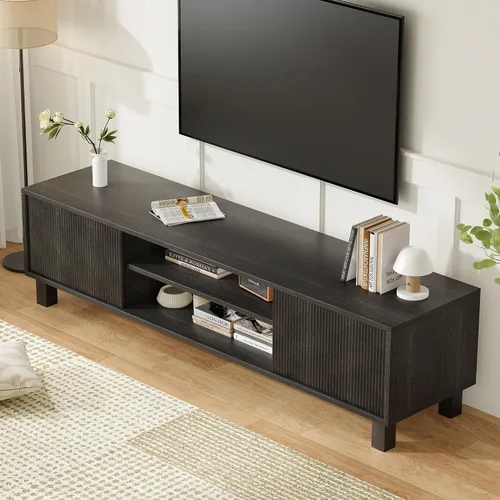 Miniatura 3 de Wood TV Stand for 65+ Inch TV, Boho Television Stand with Natural Rattan Sliding Doors & Adjustable Shelves, Entertainment Center Media Console for