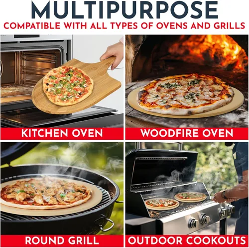 Miniatura 7 de Juego de 3 piedras redondas para pizza para horno de 15" - Viene con pala de pizza para horno y cortador - Piedras de cordierita para pan, calzone