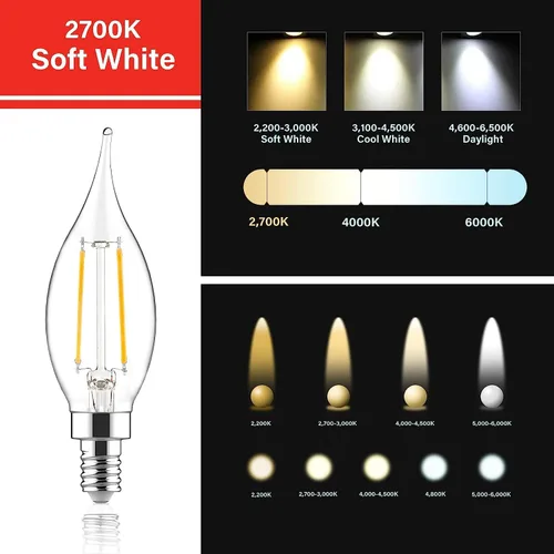 Miniatura 6 de Bombillas LED E12 para candelabros equivalentes a 60 W, bombillas de vela con punta de llama CA10 regulables, luz blanca suave de 2700 K, bombilla