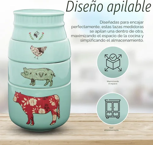 Miniatura 2 de Pavilion Gift Company - 'Live Simply Bee, Chicken, Pig, and Cow' - Juego de tazas medidoras de gres de 4 piezas, utensilios de cocina resistentes