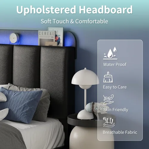 Miniatura 5 de BarnFurin Base de cama individual con luces LED, plataforma tapizada con cabecera de almacenamiento, marco de cama individual, sin ruido,