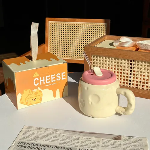 Juego de tazas de cerámica en forma de queso de 25 onzas – Taza de café de cerámica bonita con tapa y pajita, taza de café grande regalo para