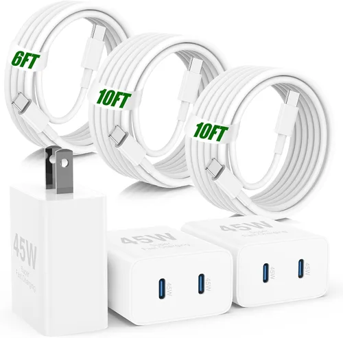 Miniatura 18 de USB C de carga súper rápida de 65 W para iPhone 17 16 Pro Max, bloque de carga USB C de 3 puertos de 100 W y cable trenzado tipo C de 3/6/6/10 pies