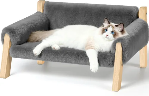 FAMIDGE Sofá cama elevada para gatos de interior – Sofá de madera para mascotas con funda gruesa extraíble lavable para gatitos elevados adecuado
