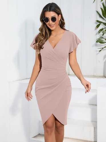 Miniatura 2 de Machico - Vestido sexy para mujer, diseño con cuello en V cruzado, manga con volantes, fruncido, ceñido al cuerpo, para cóctel, fiesta, trabajo