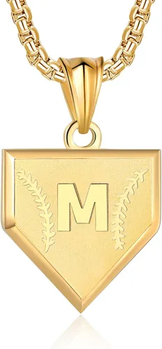 Miniatura 23 de Collar con inicial de la A a la Z para niños, de acero inoxidable, con dije de escudo de letra, cadena de 22 + 2 pulgadas, inspirador de béisbol