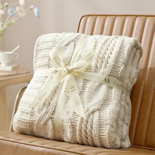 Miniatura 8 de Amélie Home - Manta de punto gruesa de punto trenzado, manta de cable de chenilla suave y transpirable de doble cara para sofá, manta decorativa