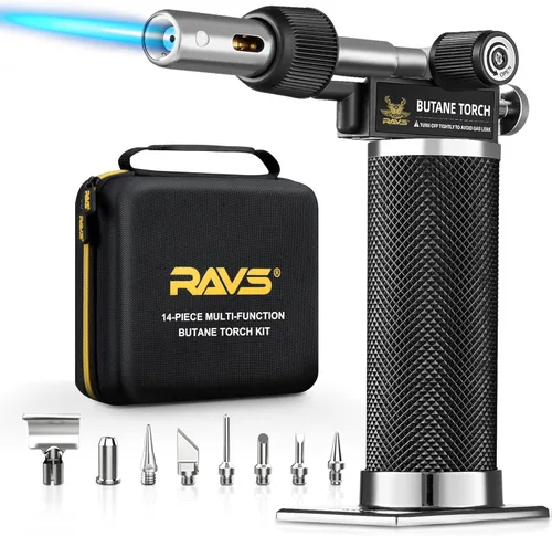 RAVS Kit de Soldador de Butano Inalámbrico, Kit de Soplete de Butano Multifunción de 14 Piezas, Soplete de Soldadura Portátil con Llama Ajustable,
