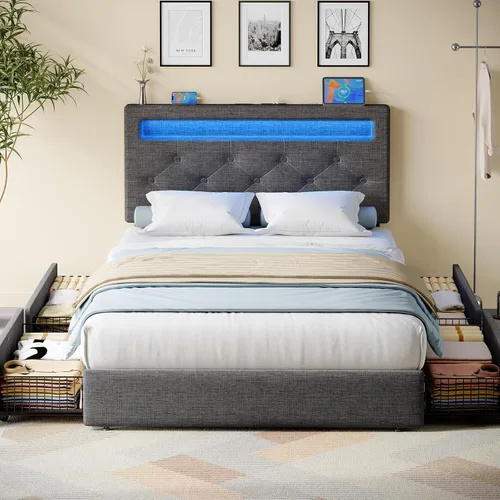 Miniatura 14 de Rolanstar Base de cama individual con estación de carga, cama LED con almacenamiento debajo de la cama, cabecera ajustable de 38.9/40.8 pulgadas,