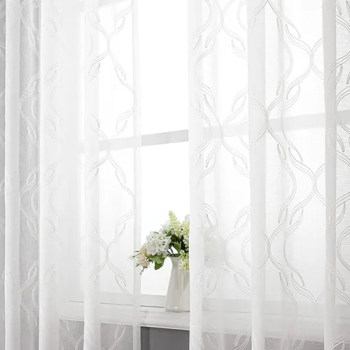 Miniatura 51 de VISIONTEX Cortinas traslúcidas blancas de 63 pulgadas de largo, juego de 2 paneles de bordado marroquí con puntos beige, tela de gasa bordada