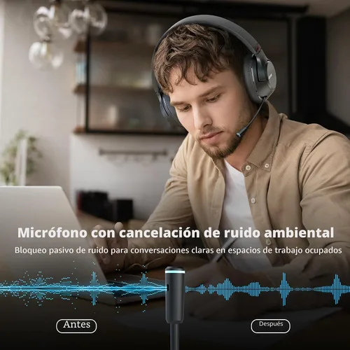 Miniatura 2 de H300 Auriculares inalámbricos Bluetooth con micrófono, auriculares sobre la oreja con dongle USB y función de silenciar, micrófono retráctil