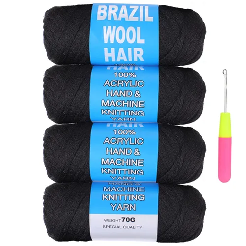 Miniatura 16 de COOKOO 2 rollos de hilo de lana brasileña color negro natural para cabello trenzado de ganchillo, trenzas, torsión, urdimbres, torsión senegalesa