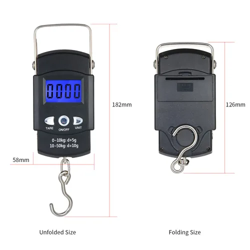 Miniatura 2 de Báscula de pesca, máx. 110 libras110.2 lbs, balanza de equipaje retroiluminada, pantalla LCD portátil, balanza digital para colgar con cinta métrica.