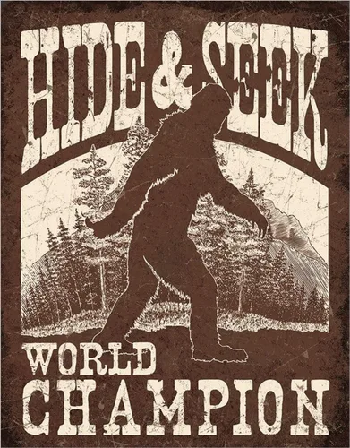 Desperate Enterprises Big Foot - Letrero de hojalata con texto en inglés "Hide & Seek" World Champion - Decoración nostálgica de metal vintage para